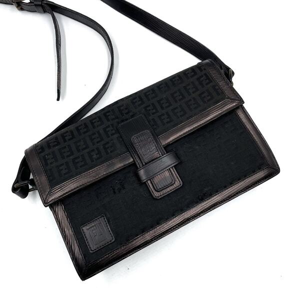 FENDI FF Zucchino Monogram Bag Black Canvas Leather Pocket Shoulder Strap Flap - Picture 1 of 16